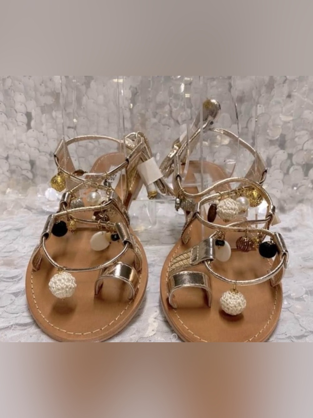Gold Strappy Beaded Gladiator Sandals